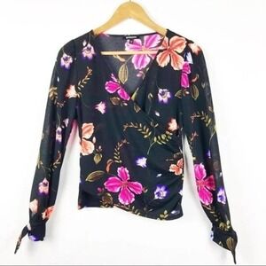 Express‎ XS Floral Wrap Top Black Pink Long Sleeve Tie Cuffs Cottagecore Chic